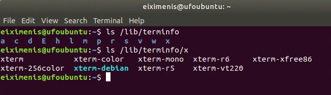 Terminal que muestra los ficheros terminfo ubicados (en mi caso) en /lib/terminfo