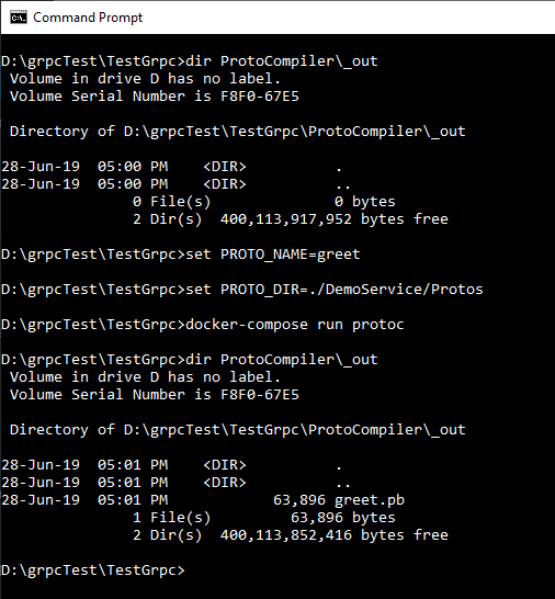 Línea de comandos donde se ve que el directorio _out está vacío, se establecen las variables de entorno (PROTO_NAME y PROTO_DIR) y se ejecuta el "docker-compose run protoc". Luego se muestra como el directorio _out contiene el binario (.sb)